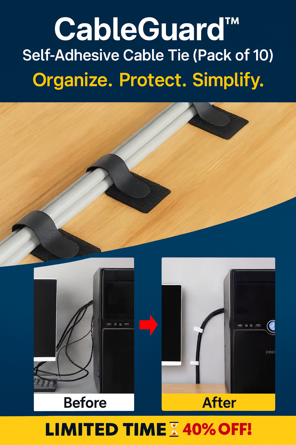 CableGuard™ — Self-Adhesive Cable Ties (Pack of 10)