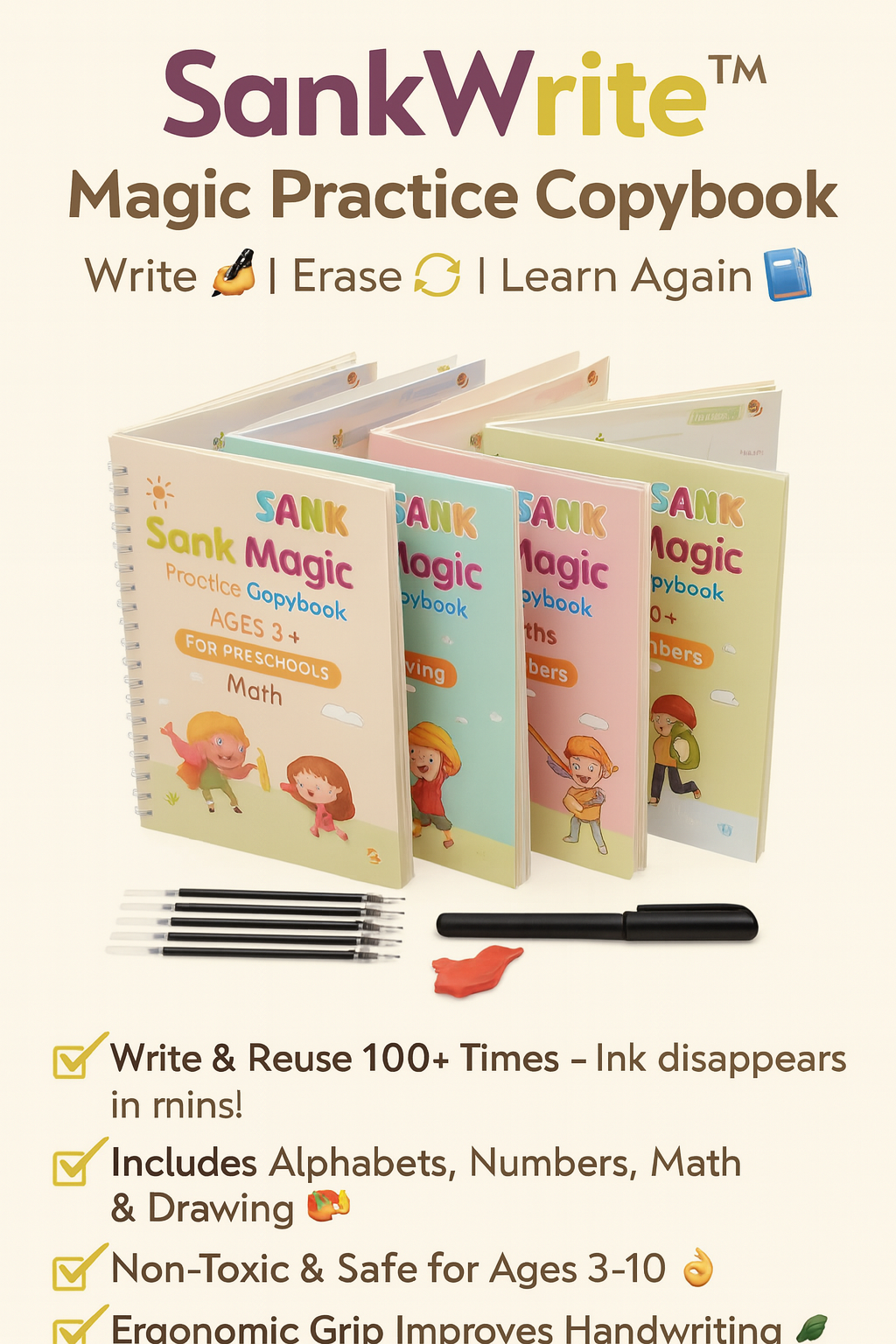 💫 SankWrite™ Magic Practice Copybook (4 Books + Pen + 10 Refills)