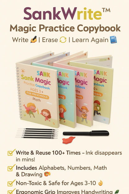 💫 SankWrite™ Magic Practice Copybook (4 Books + Pen + 10 Refills)